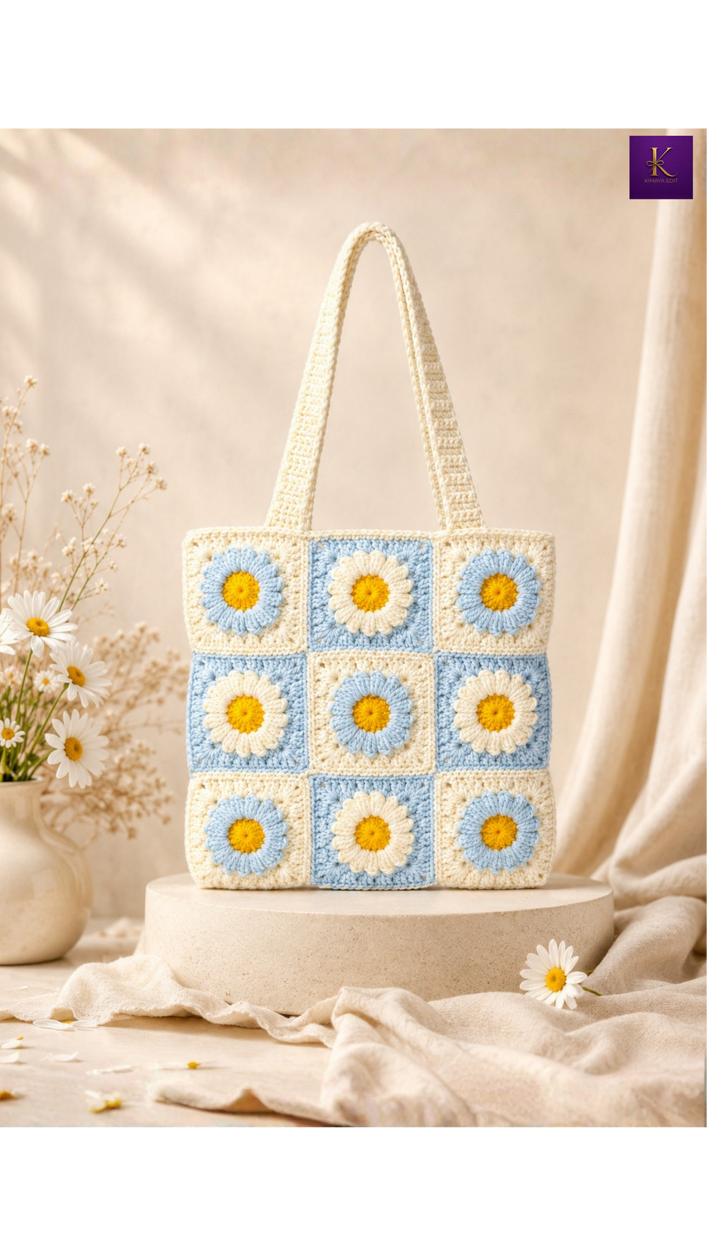 Handmade Crochet Daisy Tote Bag – Blue & Ivory