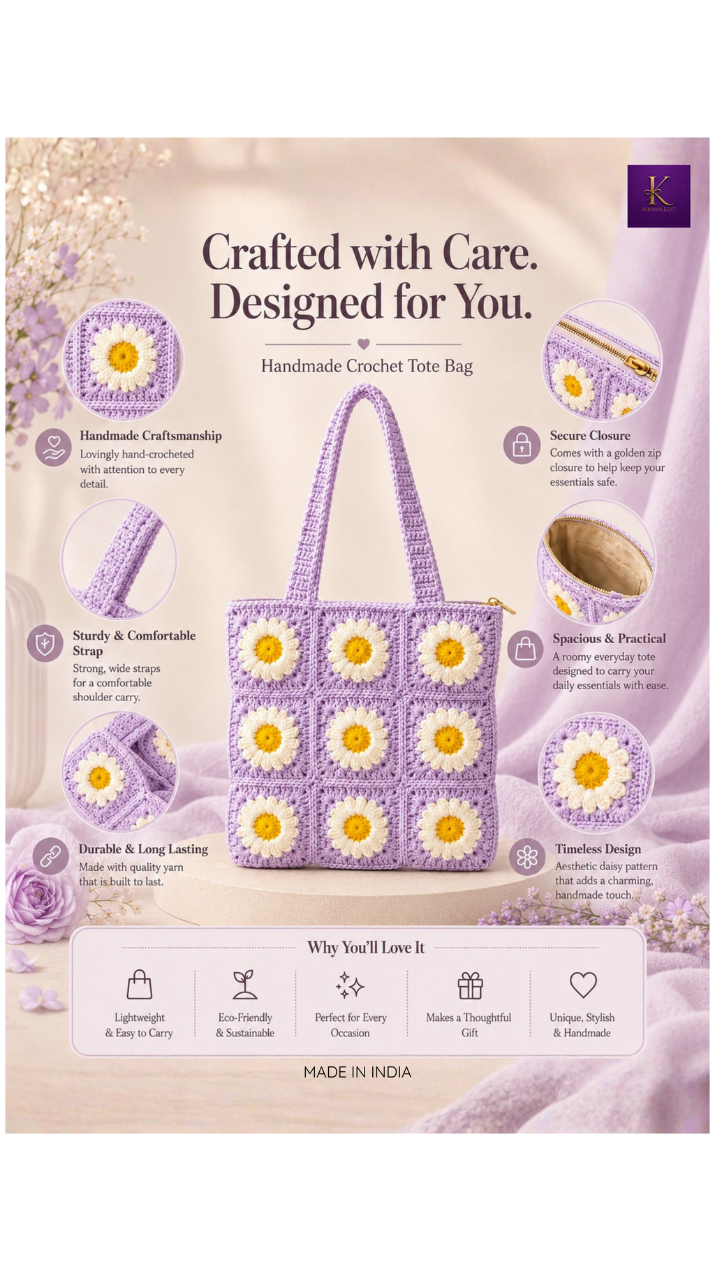 Handmade Daisy Crochet Tote Bag – Lavender