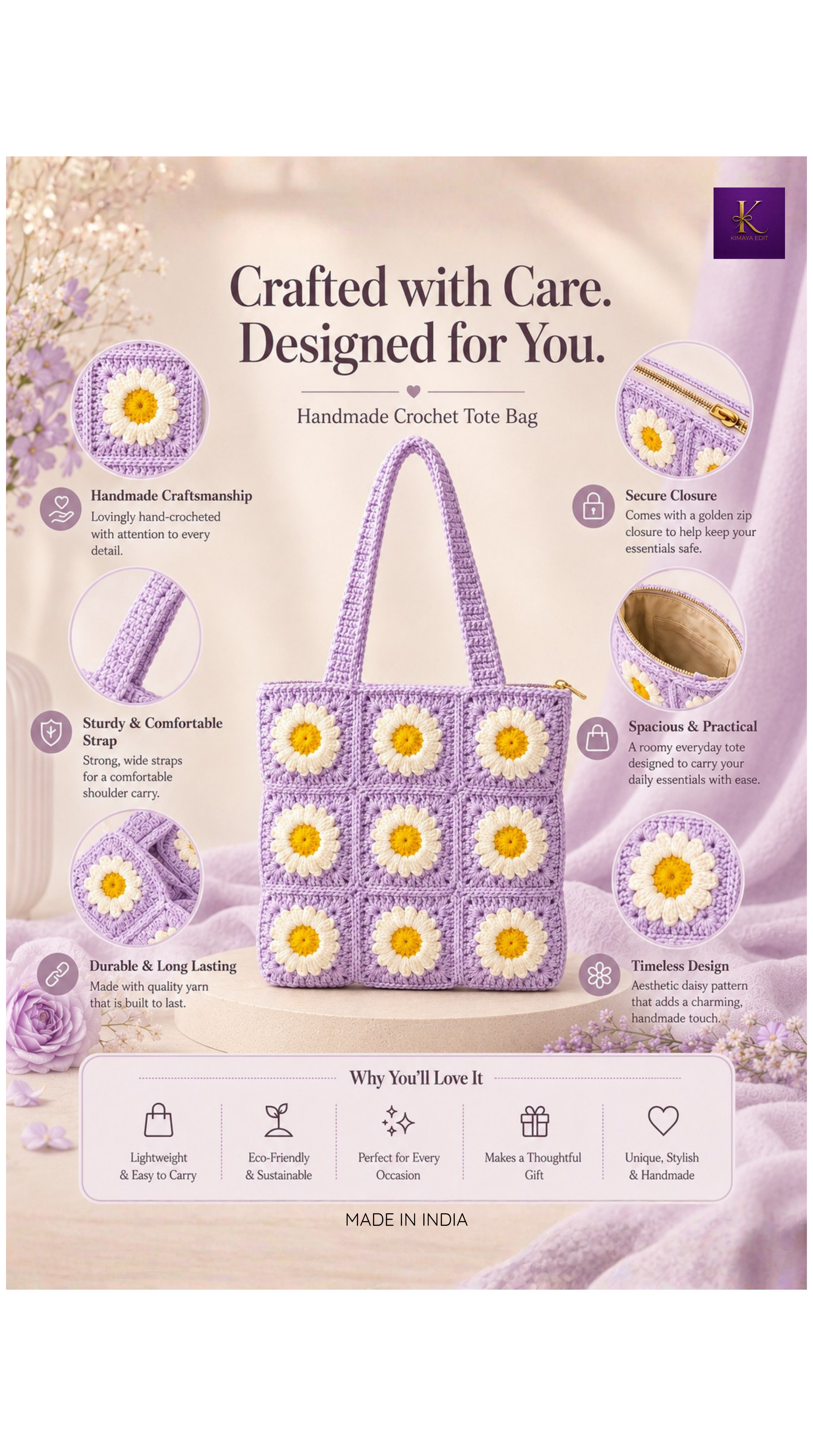 Handmade Daisy Crochet Tote Bag – Lavender
