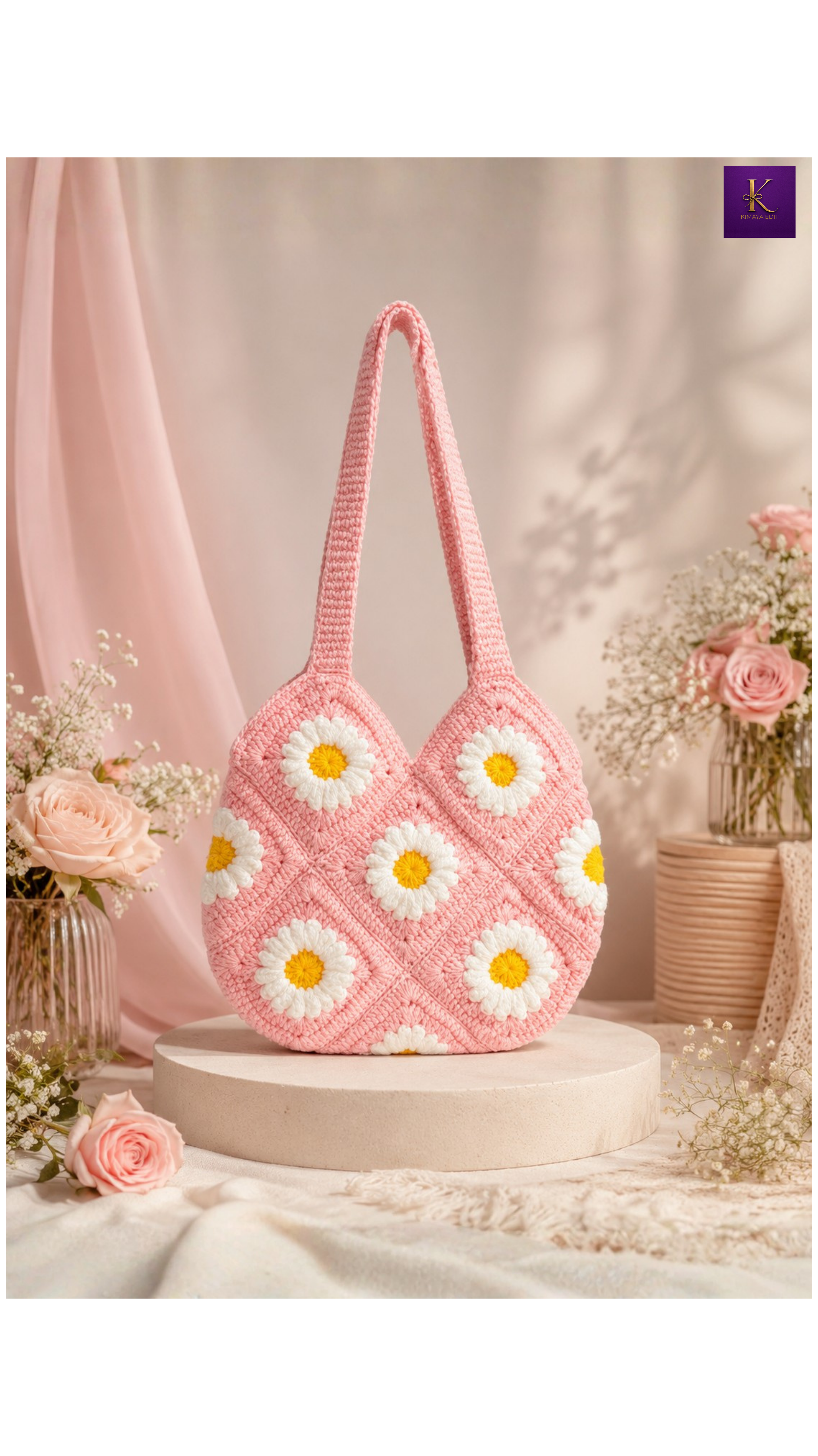 Handmade Daisy Crochet Shoulder Bag – Blush Pink