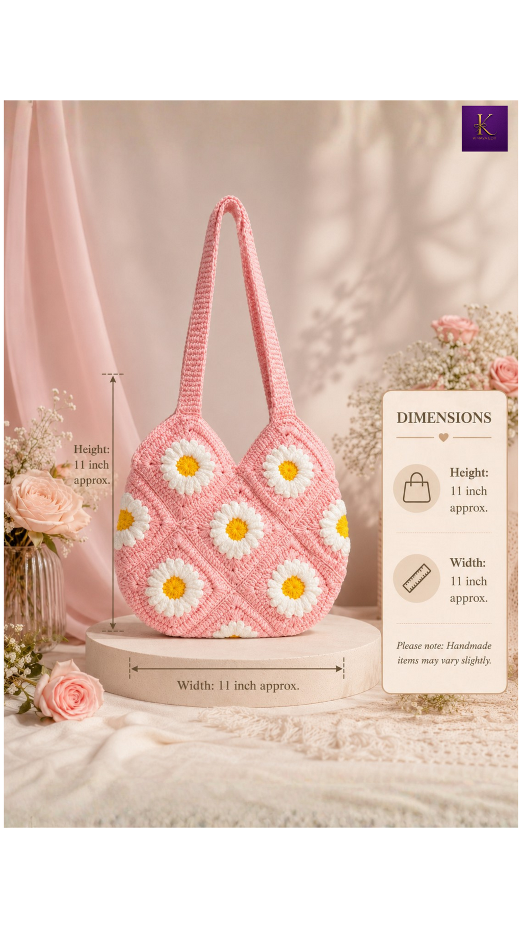 Handmade Daisy Crochet Shoulder Bag – Blush Pink
