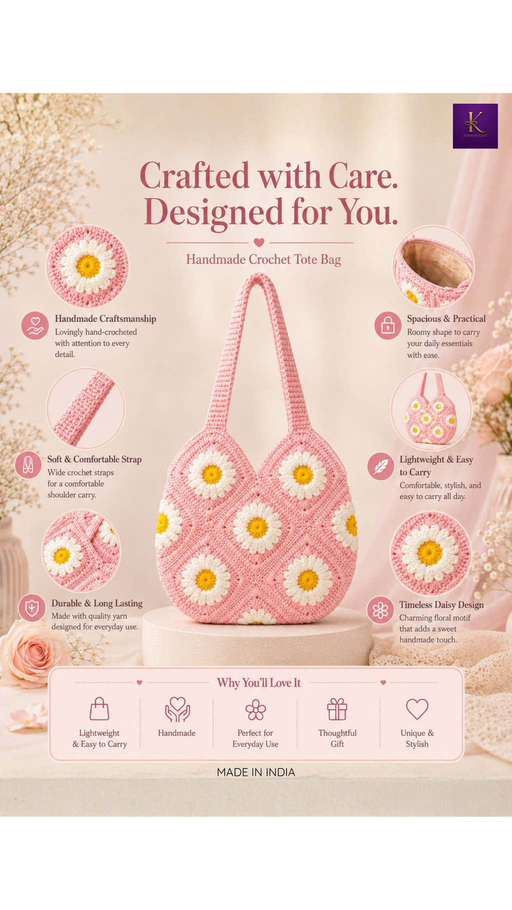 Handmade Daisy Crochet Shoulder Bag – Blush Pink