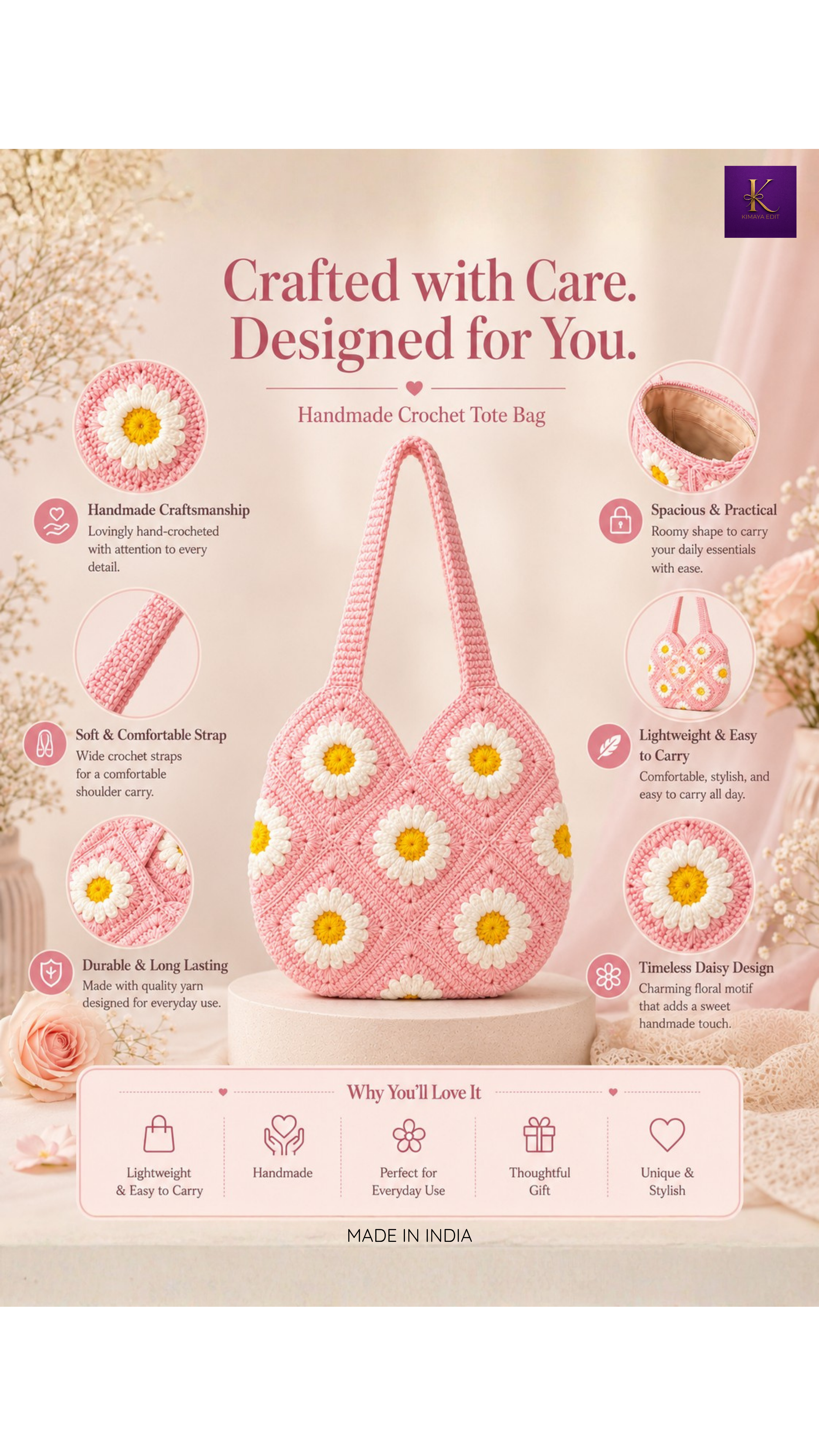 Handmade Daisy Crochet Shoulder Bag – Blush Pink