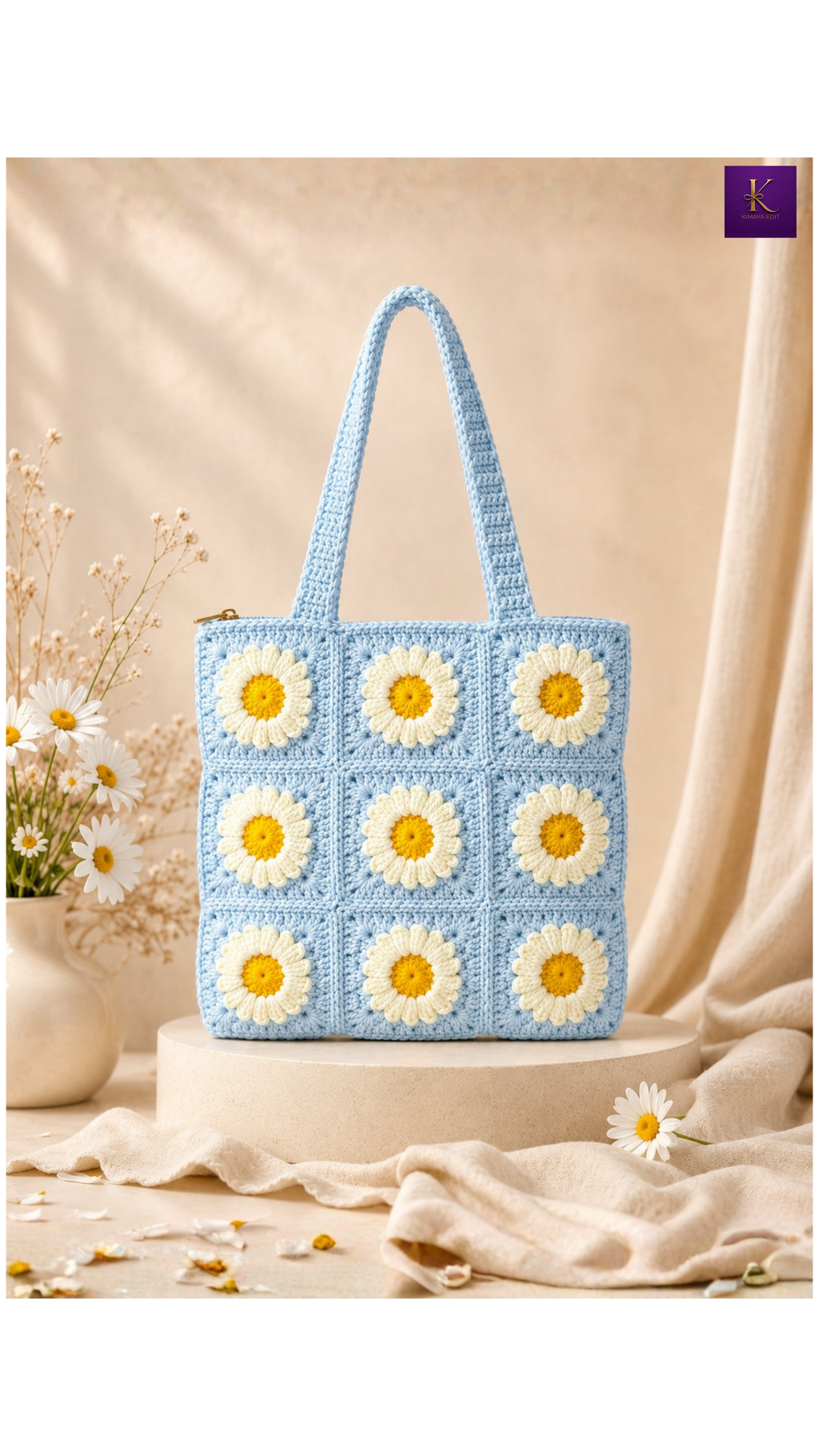 Handmade Daisy Crochet Tote Bag – Sky Blue