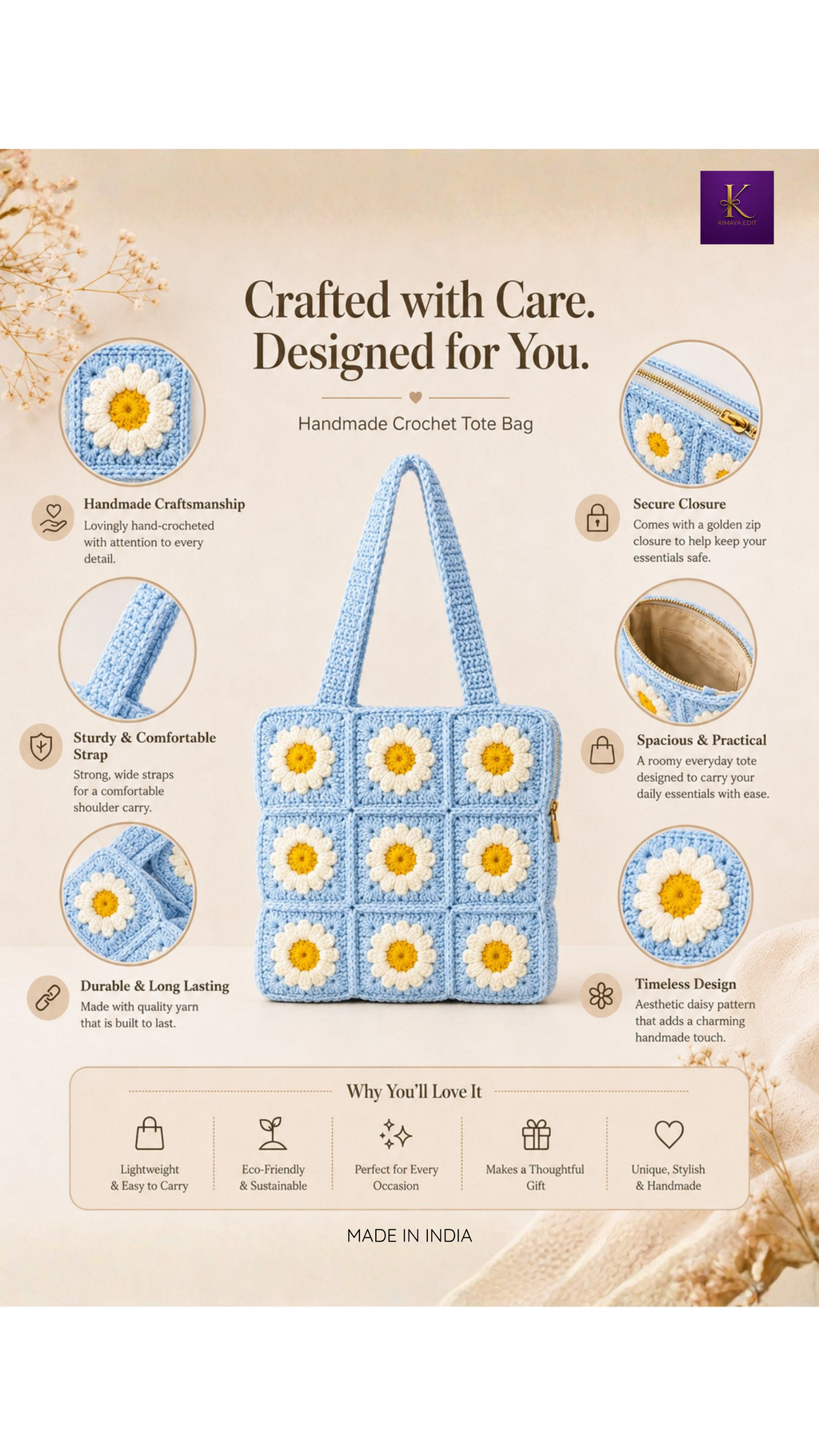 Handmade Daisy Crochet Tote Bag – Sky Blue