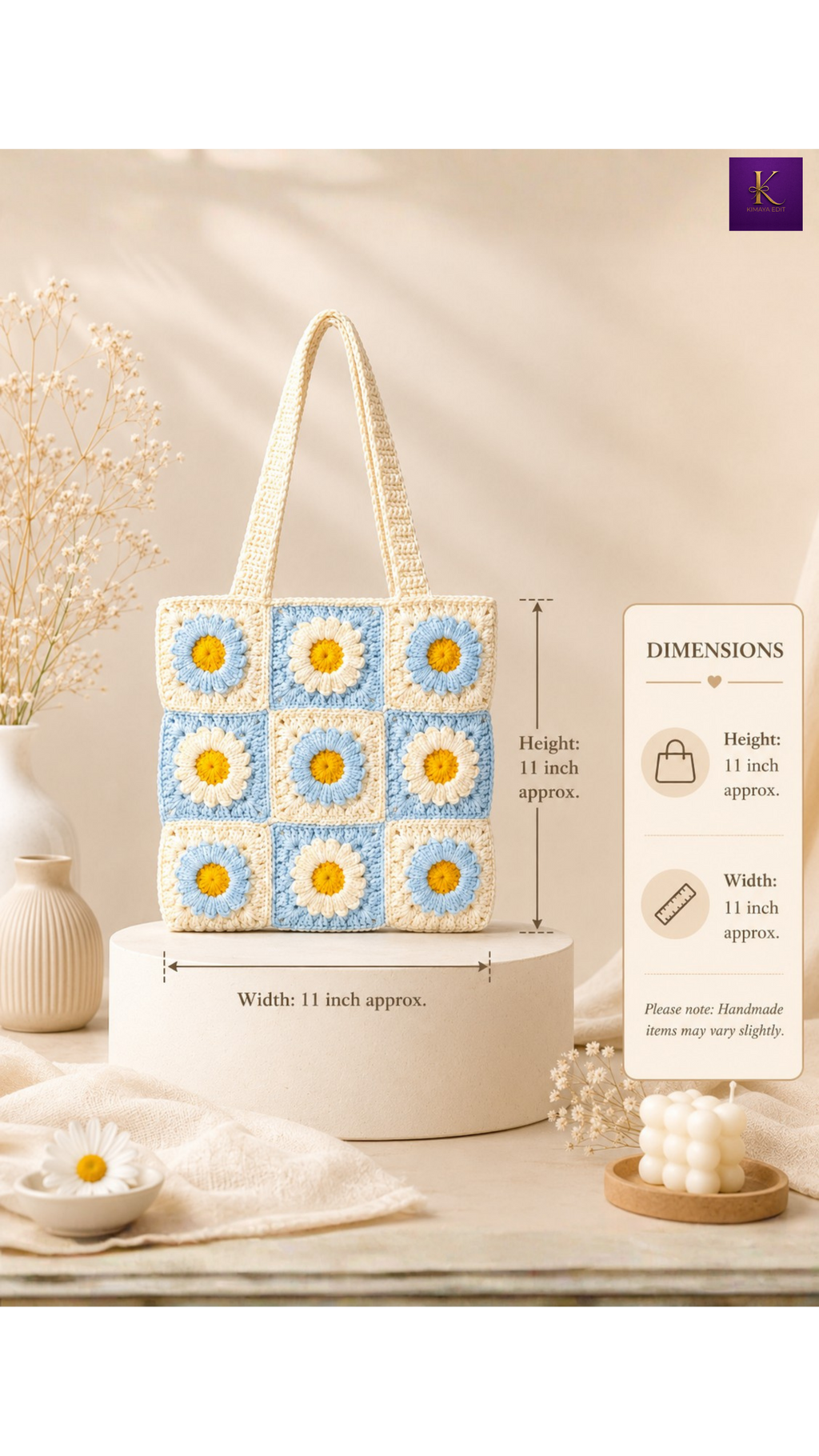 Handmade Crochet Daisy Tote Bag – Blue & Ivory