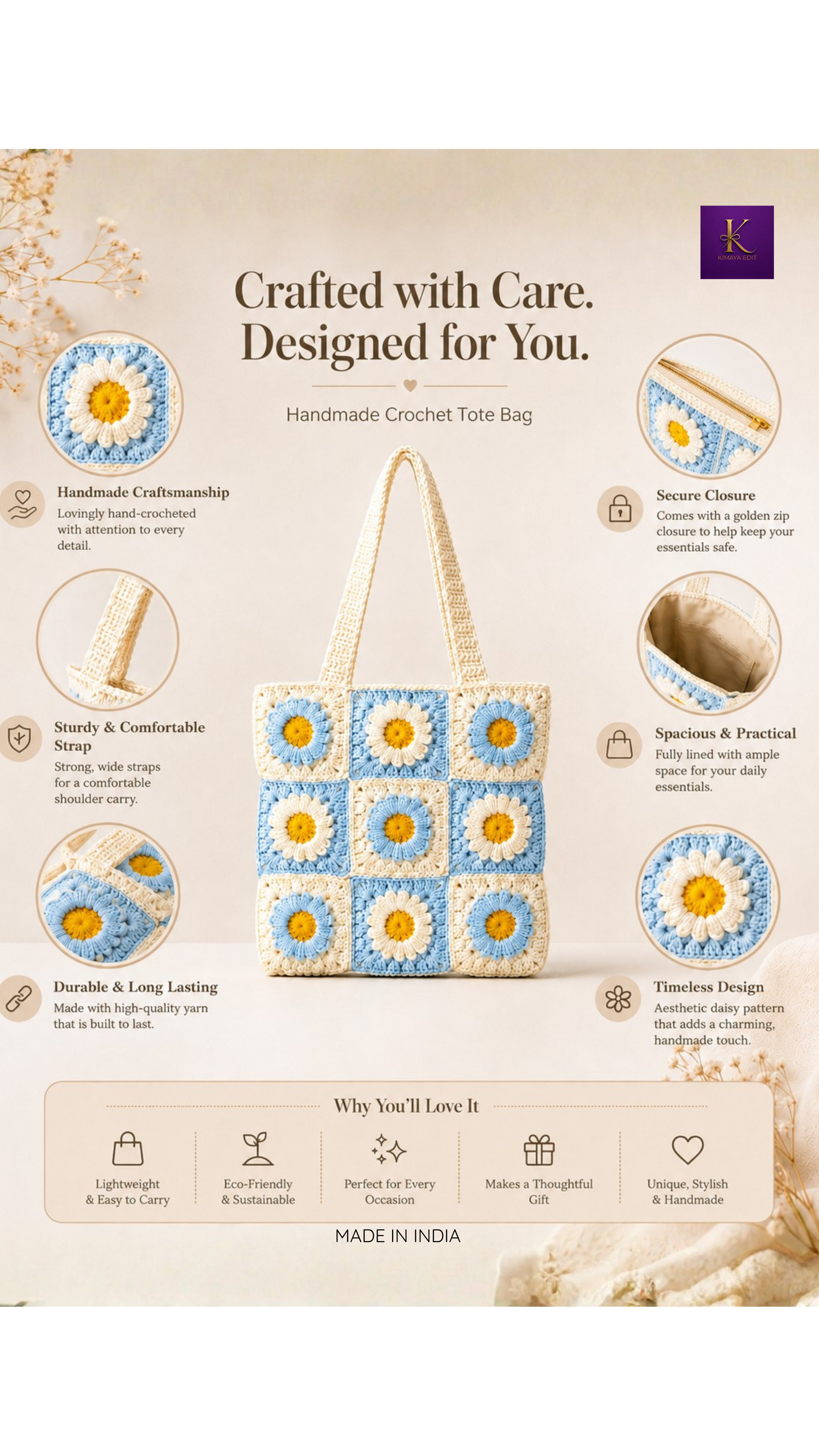 Handmade Crochet Daisy Tote Bag – Blue & Ivory